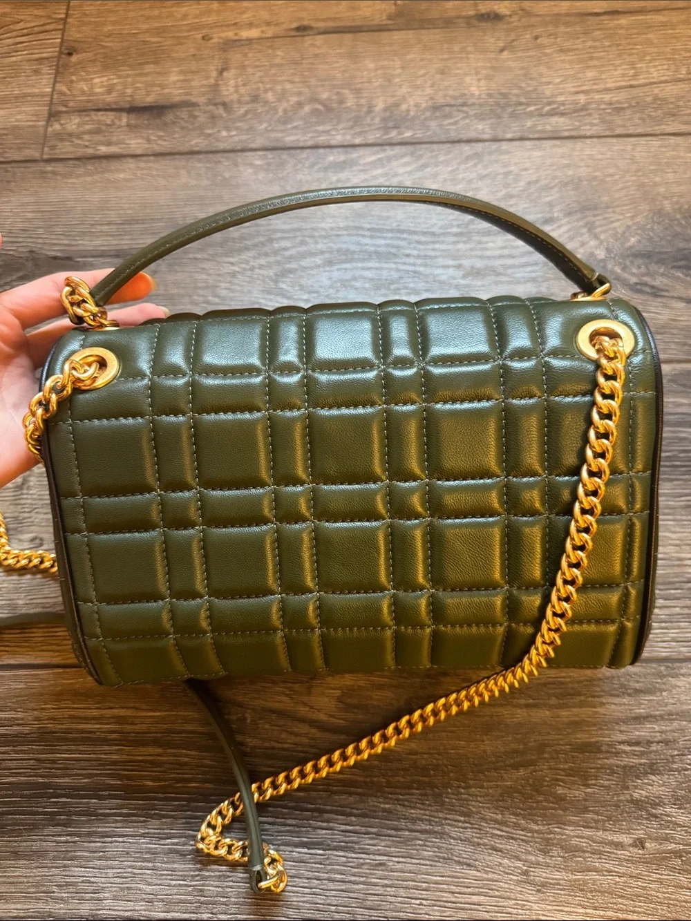Kate Spade Quilted Olive Green Leather Chain Shoulder Bag with Gold Hardware